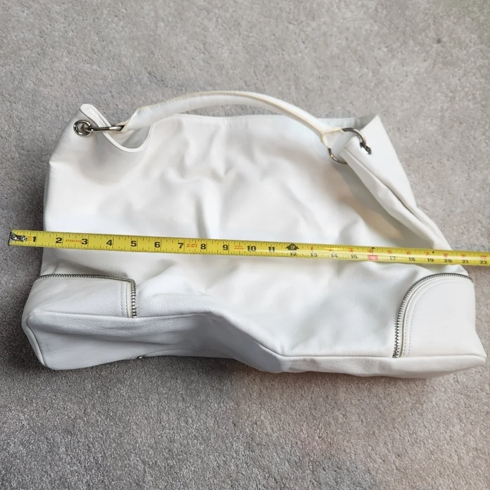 Express White Handbag with Silver Zipper Details, Snap Closure